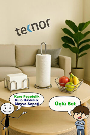 3'lü Servis Sunum Seti, Kağıt Havluluk, Kare Peçetelik, Üçgen Meyve Sepeti