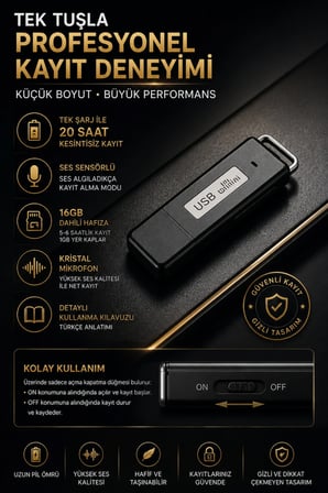 16GB Dijital Ses Kayıt Cihazı – 20 Saat Kesintisiz Kayıt, Ses Algılama Özellikli Profesyonel Ses Kaydedici