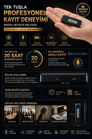16GB Dijital Ses Kayıt Cihazı – 20 Saat Kesintisiz Kayıt, Ses Algılama Özellikli Profesyonel Ses Kaydedici