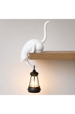 Modern & Şık: Minimalist Kedi Tasarımlı Dekoratif Raf Lambası – Gece Lambası -BEYAZ