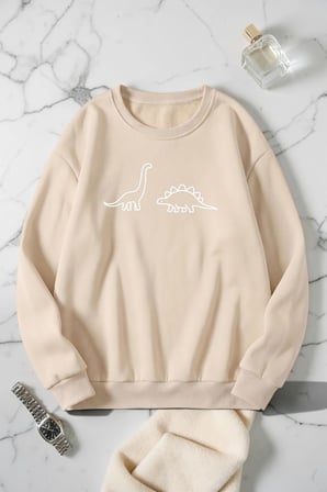 Unisex Dınozor Baskılı Bisiklet Yaka Sweatshirt