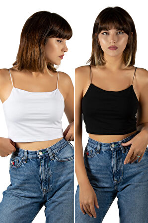 2'li Paket Kadın Siyah-beyaz Ip Askılı Pamuklu Crop Top Büstiyer Bluz Atlet