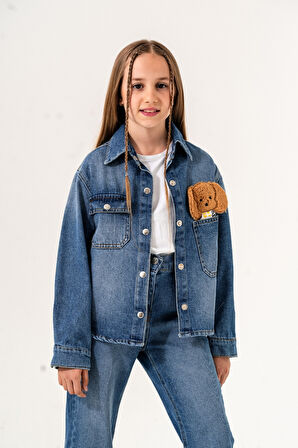 Kız Çocuk Köpek Nakışlı Kot Gömlek 3137