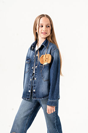 Kız Çocuk Köpek Nakışlı Kot Gömlek 3137