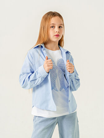 Kız Çocuk Cep Dantelli Gömlek T-Shirt İkili Takım 1803