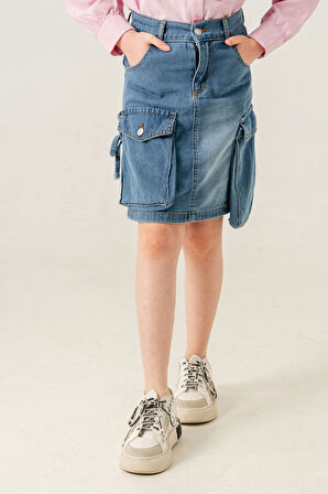 Kız Çocuk Körük Cepli Kot Etek 2601