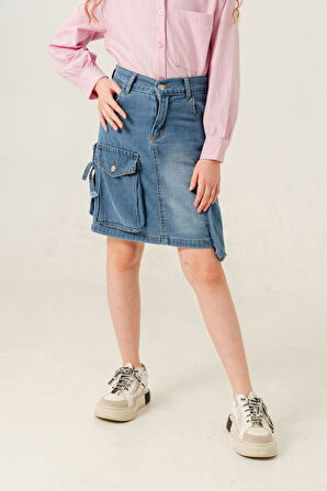 Kız Çocuk Körük Cepli Kot Etek 2601