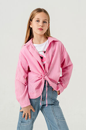 Kız Çocuk Önden Bağcıklı Gömlek T-Shirt İkili Takım 1801