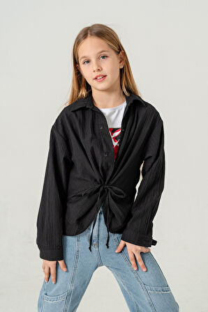 Kız Çocuk Önden Bağcıklı Gömlek T-Shirt İkili Takım 1801