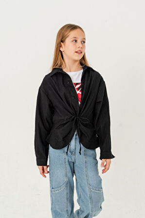 Kız Çocuk Önden Bağcıklı Gömlek T-Shirt İkili Takım 1801