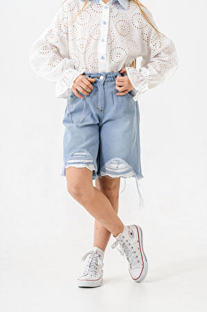 Kız Çocuk Paça Fistolu Kot Şort 2865