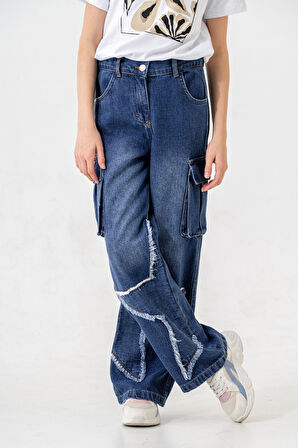 Kız Çocuk Paçası Yıldızlı Kot Pantolon 2203