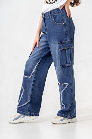 Kız Çocuk Paçası Yıldızlı Kot Pantolon 2203