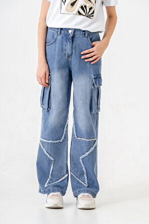 Kız Çocuk Paçası Yıldızlı Kot Pantolon 2203