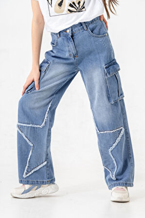 Kız Çocuk Paçası Yıldızlı Kot Pantolon 2203