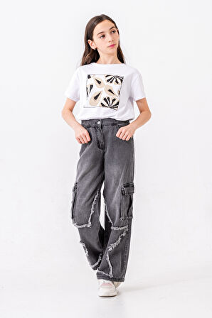 Kız Çocuk Paçası Yıldızlı Kot Pantolon 2203