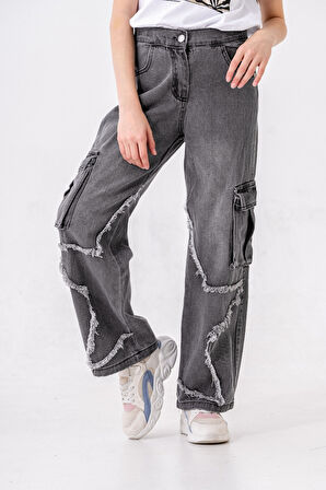 Kız Çocuk Paçası Yıldızlı Kot Pantolon 2203