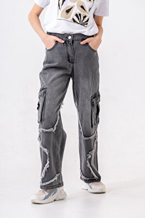 Kız Çocuk Paçası Yıldızlı Kot Pantolon 2203