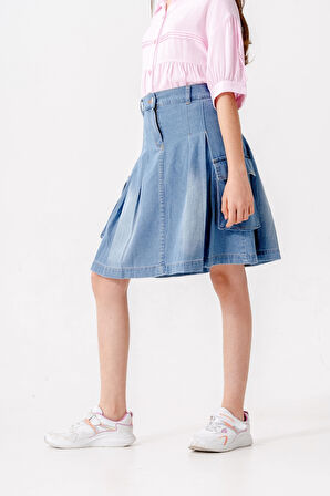 Kız Çocuk Pileli Körük Cepli Kot Etek 2604