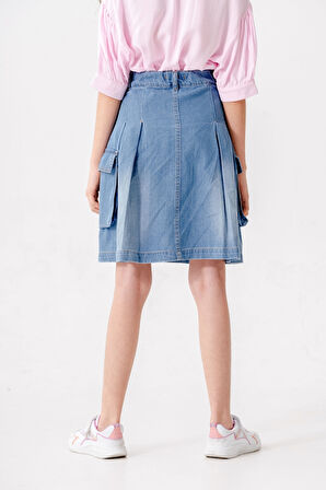 Kız Çocuk Pileli Körük Cepli Kot Etek 2604