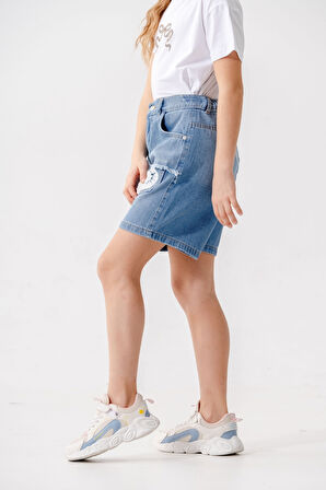 Kız Çocuk Sol Yırtık Kot Şort 2871