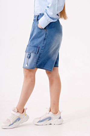 Kız Çocuk Şeritli Kot Şort Etek 2875