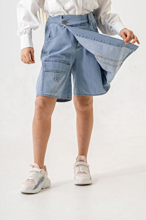 Kız Çocuk Şeritli Kot Şort Etek 2875