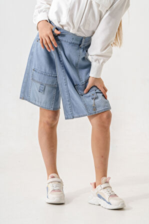 Kız Çocuk Şeritli Kot Şort Etek 2875