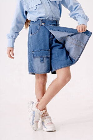 Kız Çocuk Şeritli Kot Şort Etek 2875