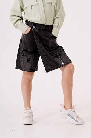 Kız Çocuk Şeritli Kot Şort Etek 2875