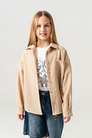 Kız Çocuk Tek Cepli Gömlek T-Shirt İkili Takım 1802