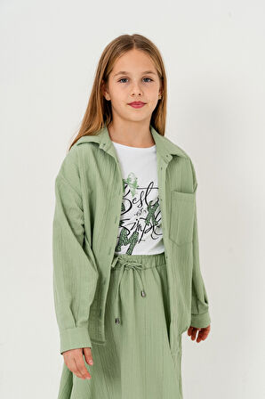 Kız Çocuk Tek Cepli Gömlek T-Shirt İkili Takım 1802