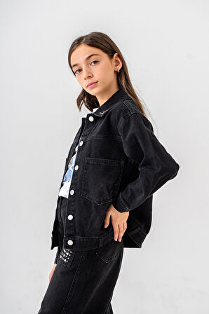 Kız Çocuk Yaka Taşlı Kot Ceket 1548