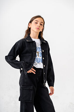 Kız Çocuk Yaka Taşlı Kot Ceket 1548