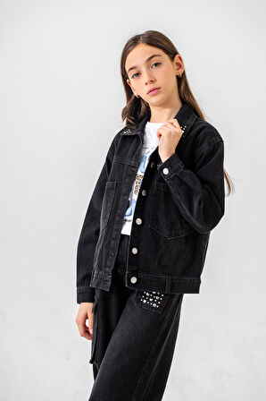 Kız Çocuk Yaka Taşlı Kot Ceket 1548