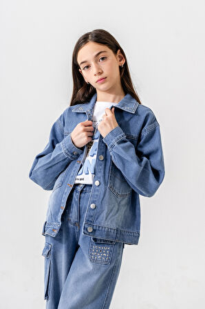 Kız Çocuk Yaka Taşlı Kot Ceket 1548