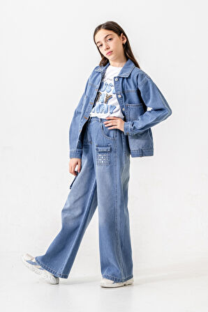 Kız Çocuk Yaka Taşlı Kot Ceket 1548