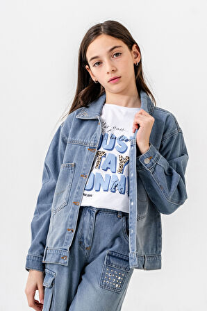 Kız Çocuk Yaka Taşlı Kot Ceket 1548