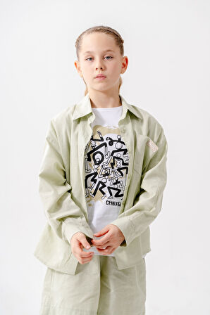 Kız Çocuk Yan Pileli Gömlek T-Shirt İkili Takım 1809