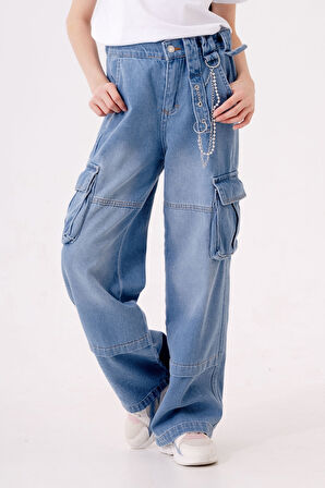 Kız Çocuk Zincir Detaylı Kot Pantolon 2196