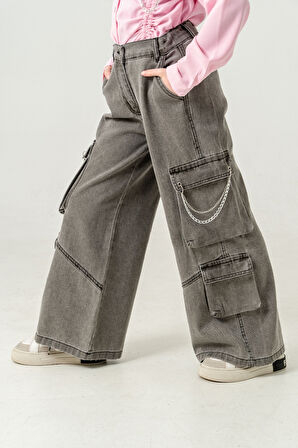 Kız Çocuk Zincir Kapaklı İspanyol Kot Pantolon 2178