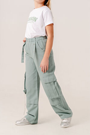 Kız Çocuk Zincirli Kargo Keten Pantolon 2569