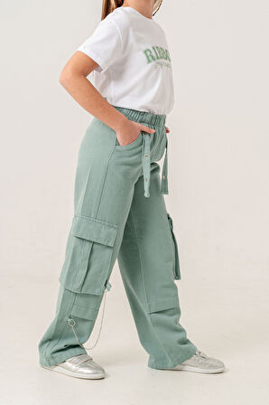 Kız Çocuk Zincirli Kargo Keten Pantolon 2569