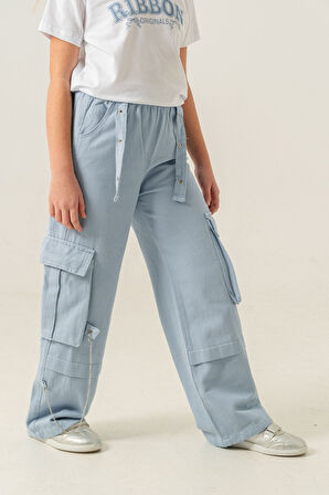 Kız Çocuk Zincirli Kargo Keten Pantolon 2569