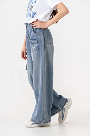 Kız Çocuk Cep Taşlı Kot Pantolon 2201