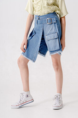 Kız Çocuk Pileli Kot Şort Etek 2873