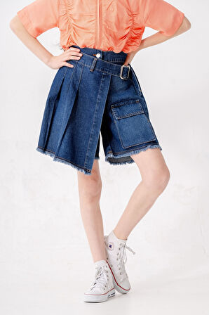 Kız Çocuk Pileli Kot Şort Etek 2873