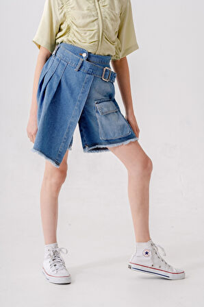 Kız Çocuk Pileli Kot Şort Etek 2873