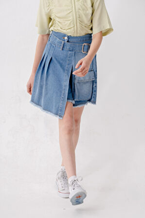 Kız Çocuk Pileli Kot Şort Etek 2873