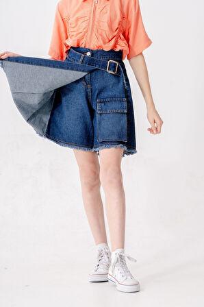 Kız Çocuk Pileli Kot Şort Etek 2873